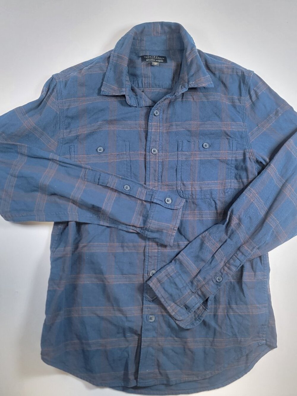 Lucky Brand Saturday Stretch Blue Plaid Shirt Mens S
